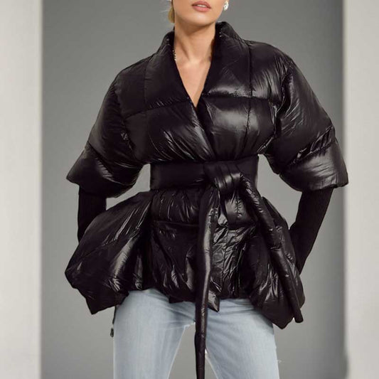 Stylish women's black winter coat with belt, featuring a puffy design and a flattering silhouette