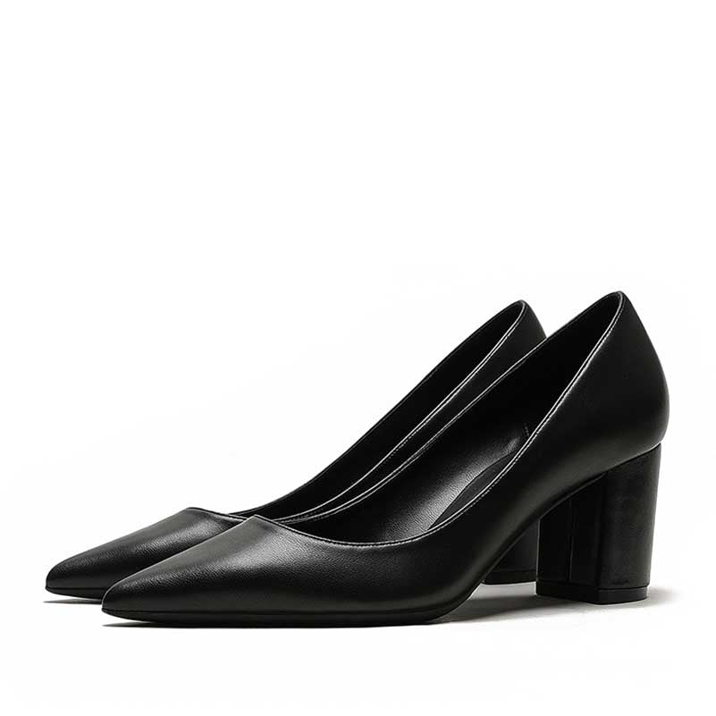 SD Dresscode women's block heel dress shoes in black leather with a pointed toe design