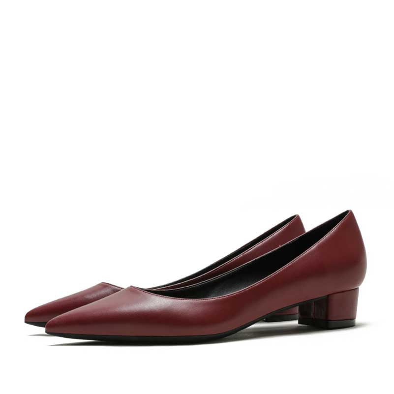 Burgundy women's block heel dress shoes with a sleek pointed toe design for stylish comfort