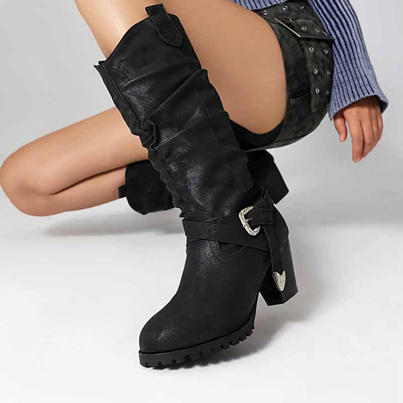 Stylish women's block heel knee high boots in black with buckle detail for fashionable wear