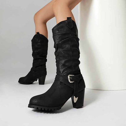 Stylish women's block heel knee high boots with slouchy design and buckle detail