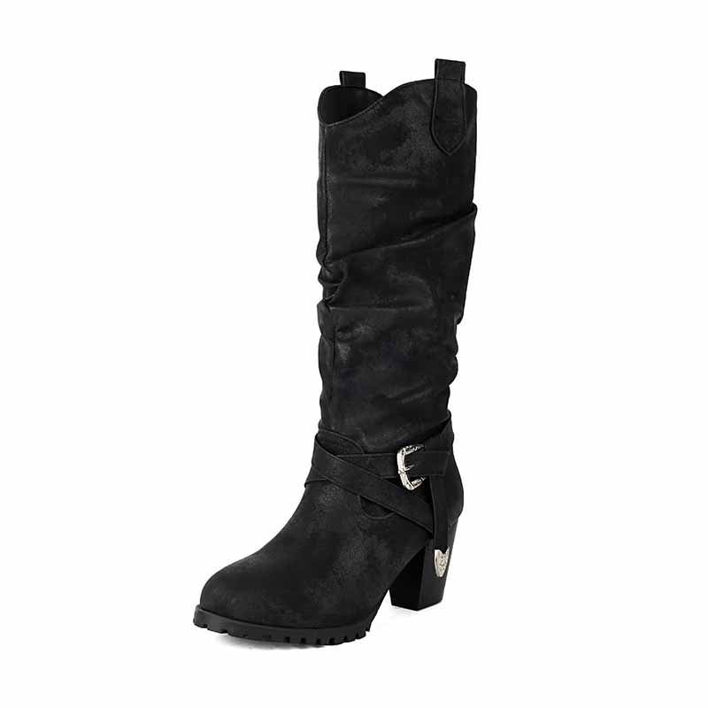Stylish women's block heel knee high boots in black with slouchy design and buckle detail