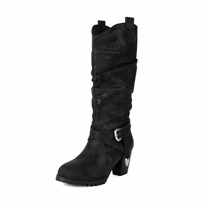 Stylish women's block heel knee high boots in black with slouchy design and buckle detail