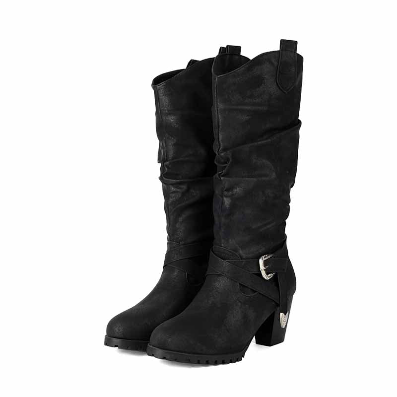 SD-HK women's block heel knee high boots in black with stylish slouch design and buckle detail
