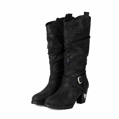 SD-HK women's block heel knee high boots in black with stylish slouch design and buckle detail