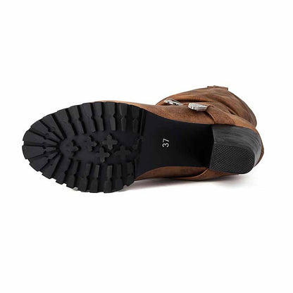 Women's block heel knee high boots with a durable rubber sole for comfort and traction