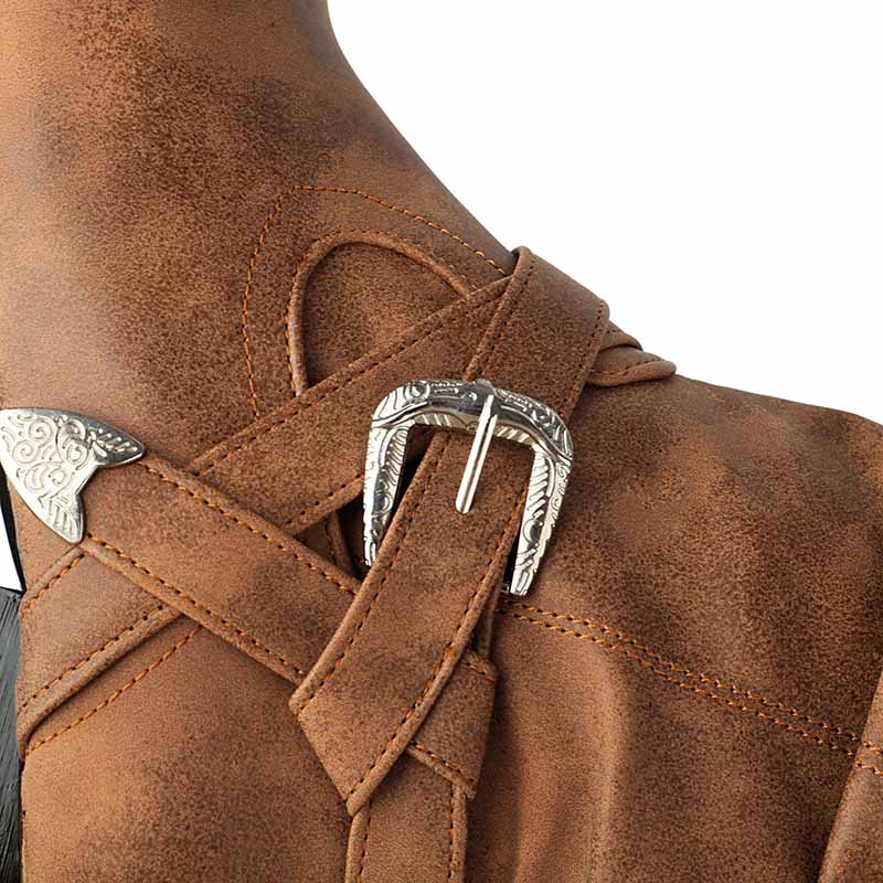 Close-up of women's block heel knee high boots showcasing detailed strap design and buckle accents