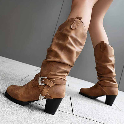 Stylish women's block heel knee high boots in brown with a buckle detail for a chic look