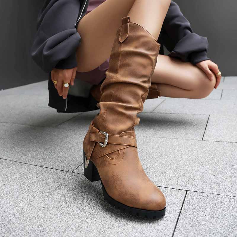 Stylish women's block heel knee high boots in brown with buckle detail for casual or dressy looks