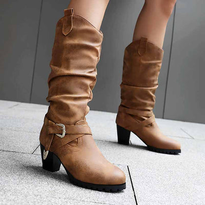 SD-HK women's block heel knee high boots in tan with slouchy design and buckle detail