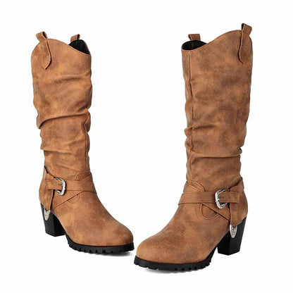 sd-hk women's block heel knee high boots in brown with stylish side buckles and slouchy design