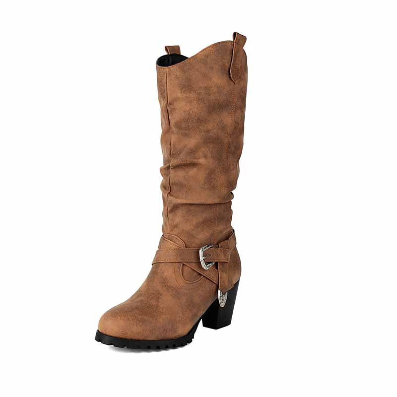 Stylish women's block heel knee high boots in brown with a slouchy design and buckle detail