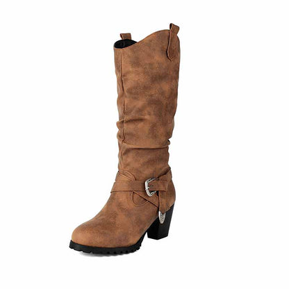Stylish women's block heel knee high boots in brown with a slouchy design and buckle detail