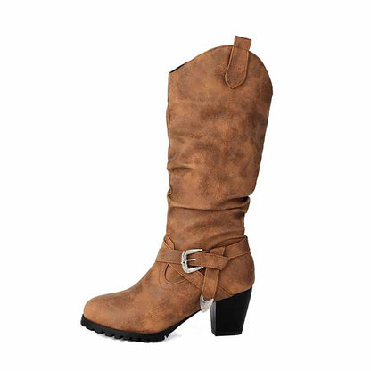 Brown women's block heel knee high boots with buckle detail and sturdy sole for stylish comfort