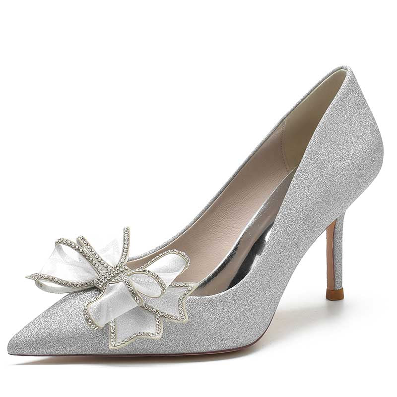 S&DCo. women's bow detail wedding shoes in silver with elegant pointed toe and decorative bow
