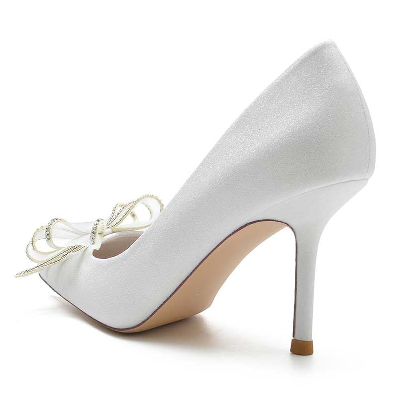 Elegant S&DCo. women's bow detail wedding shoes in white satin with a stylish high heel