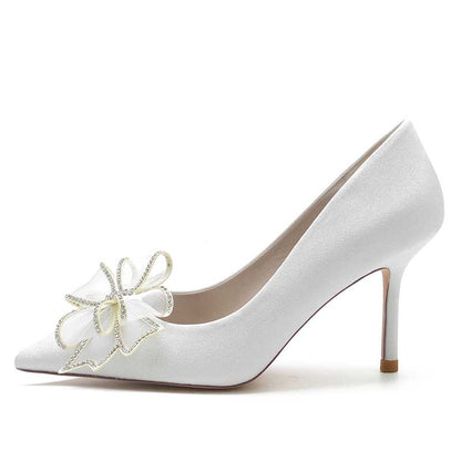 S&DCo. women's bow detail wedding shoes in white satin with elegant gemstone embellishments