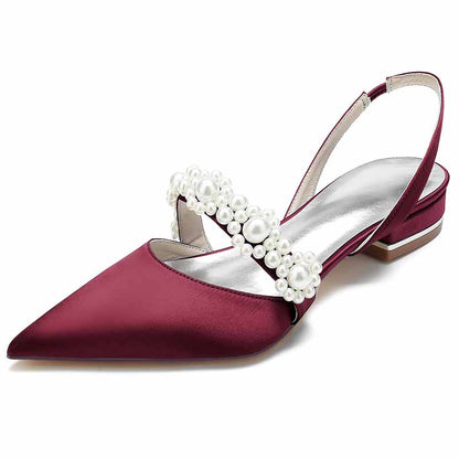 Elegant women's bridal flats with rhinestones in burgundy satin for wedding events