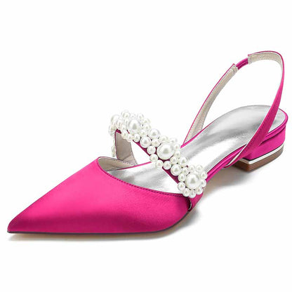 Women's bridal flats with rhinestones in pink satin featuring an elegant slingback design