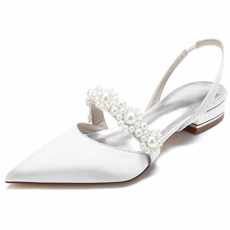 Elegant Women's bridal flats with rhinestones in white satin and pearl detailing
