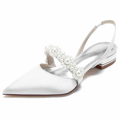 Elegant Women's bridal flats with rhinestones in white satin and pearl detailing