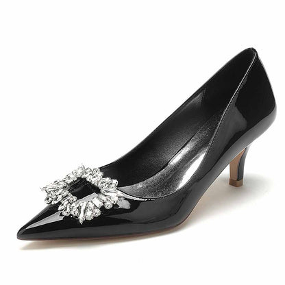 Women's bridal rhinestone pumps in black patent leather with a sparkling embellishment