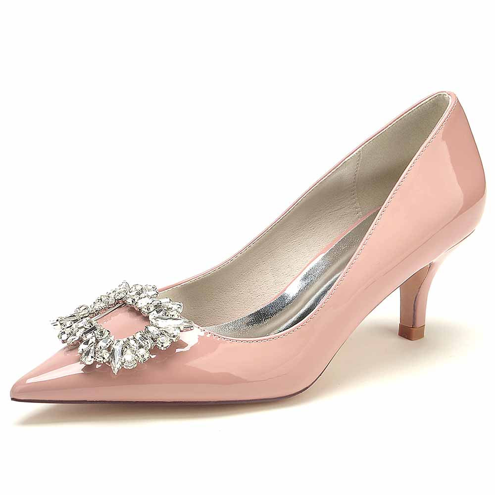 Women's bridal rhinestone pumps in soft pink with a sparkling embellished buckle