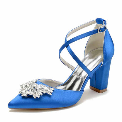 women's bridal shoes with rhinestones in blue satin featuring a stylish block heel