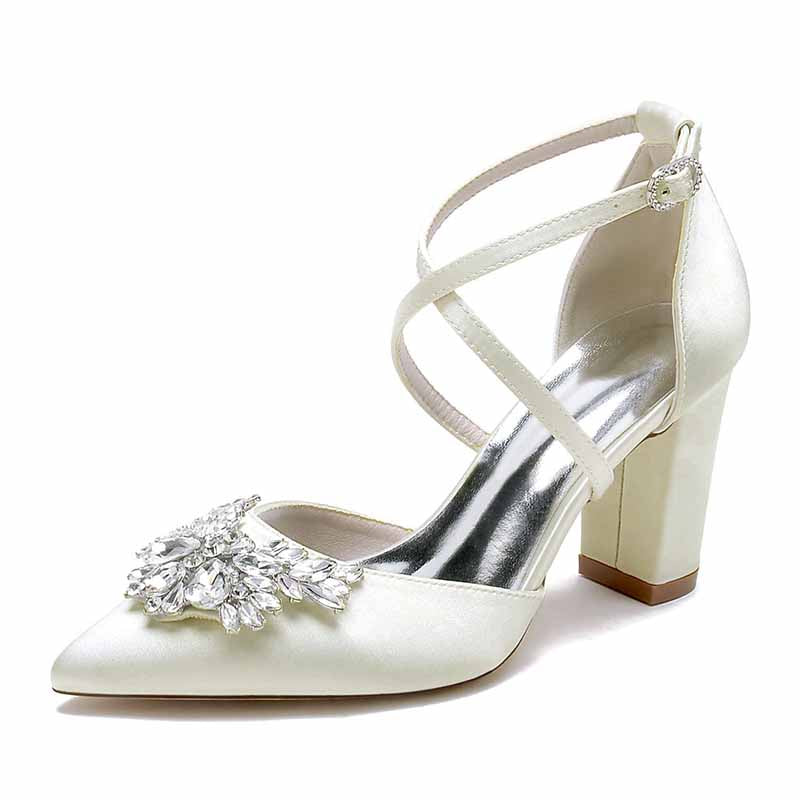 elegant women's bridal shoes with rhinestones and a stylish block heel design