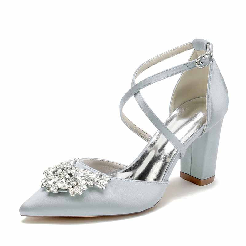Elegant women's bridal shoes with rhinestones featuring a stylish heel and crisscross straps