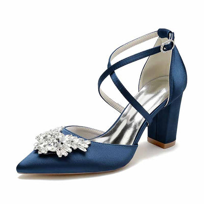 sd-hk women's bridal shoes with rhinestones in navy satin featuring a stylish block heel