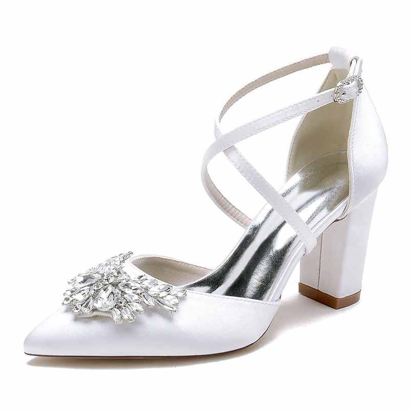 women's bridal shoes with rhinestones featuring a stylish pointed toe and block heel