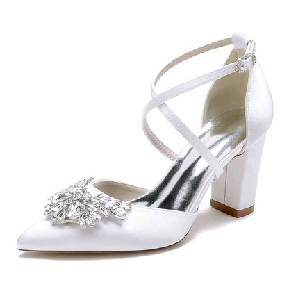 women's bridal shoes with rhinestones featuring a stylish pointed toe and block heel
