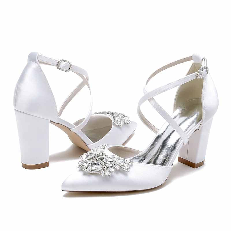 Elegant white women's bridal shoes with rhinestones and stylish block heels