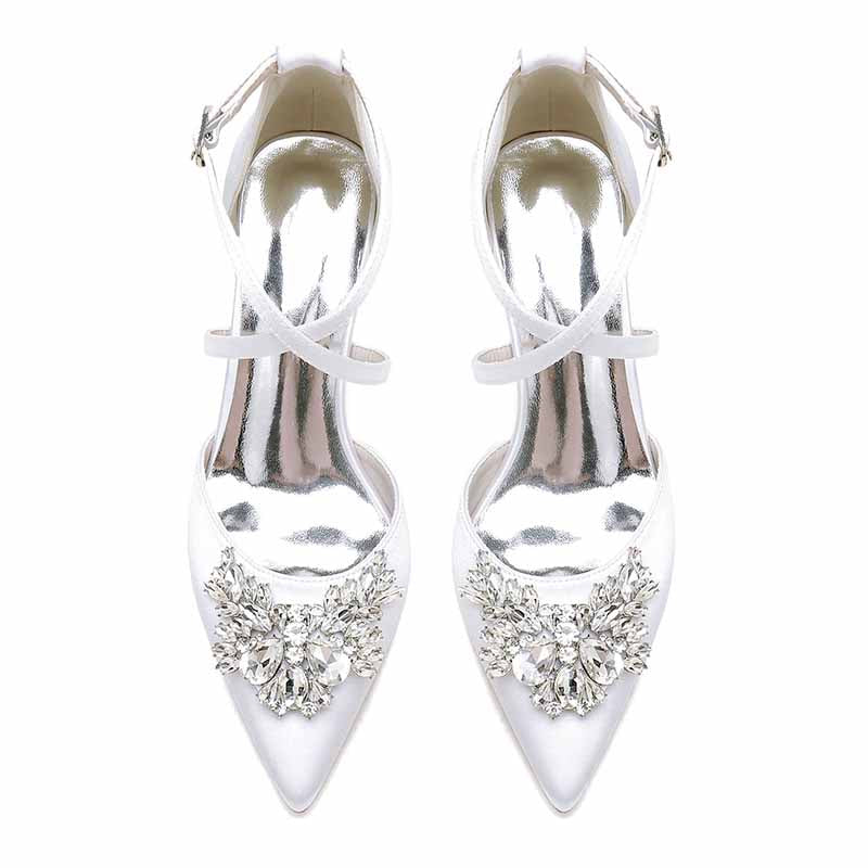 women's bridal shoes with rhinestones featuring elegant pointed toe and ankle strap design
