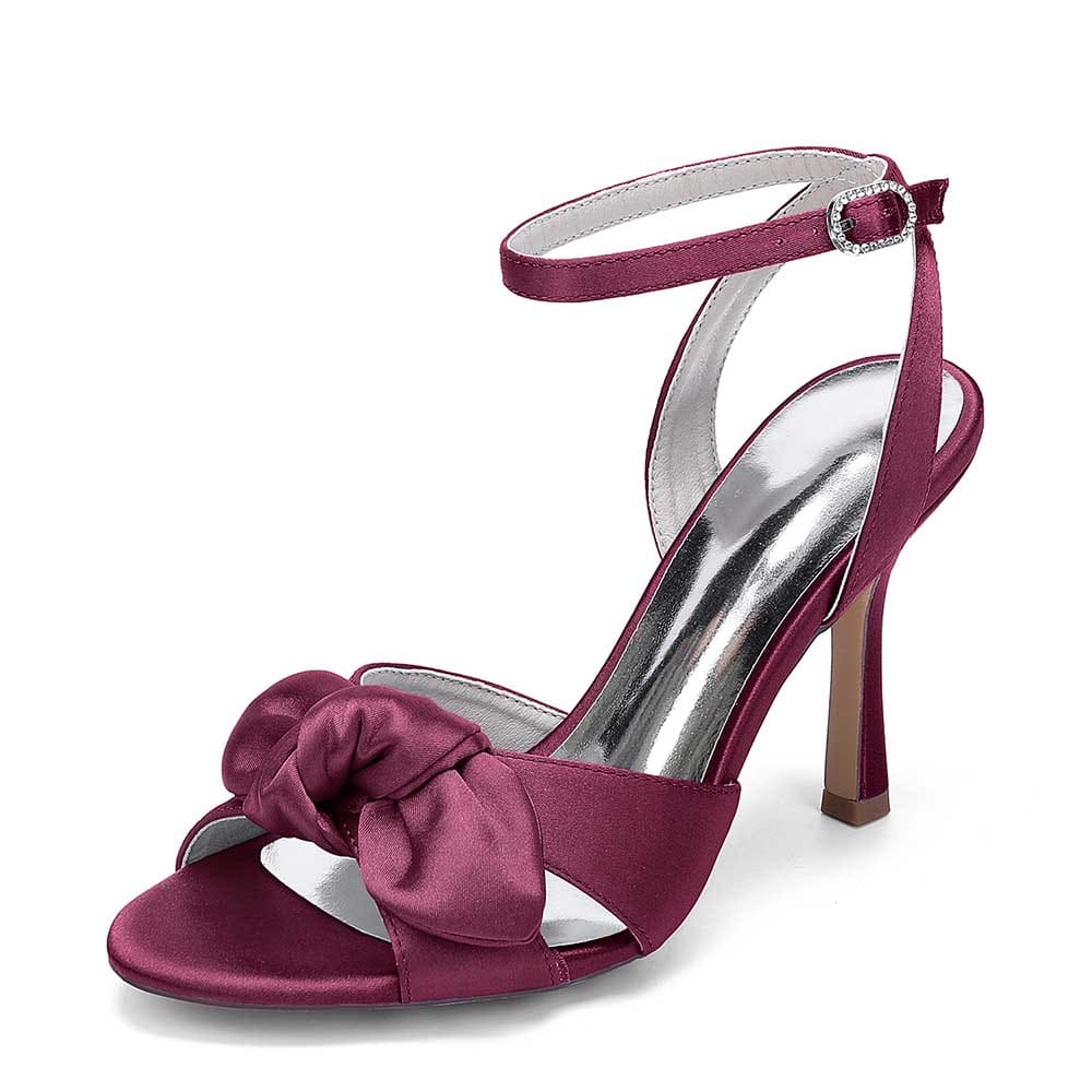 Women's bridal silk satin heels in burgundy with a stylish bow and ankle strap