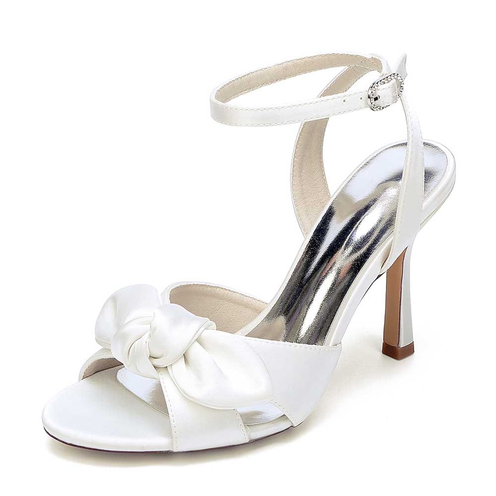 Elegant women's bridal silk satin heels with a bow and ankle strap for special occasions