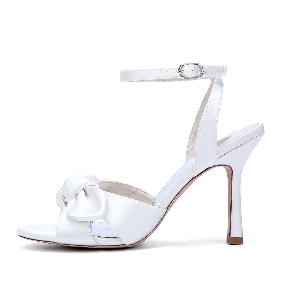 S&DCo. women's bridal silk satin heels in white with elegant bow detail and ankle strap