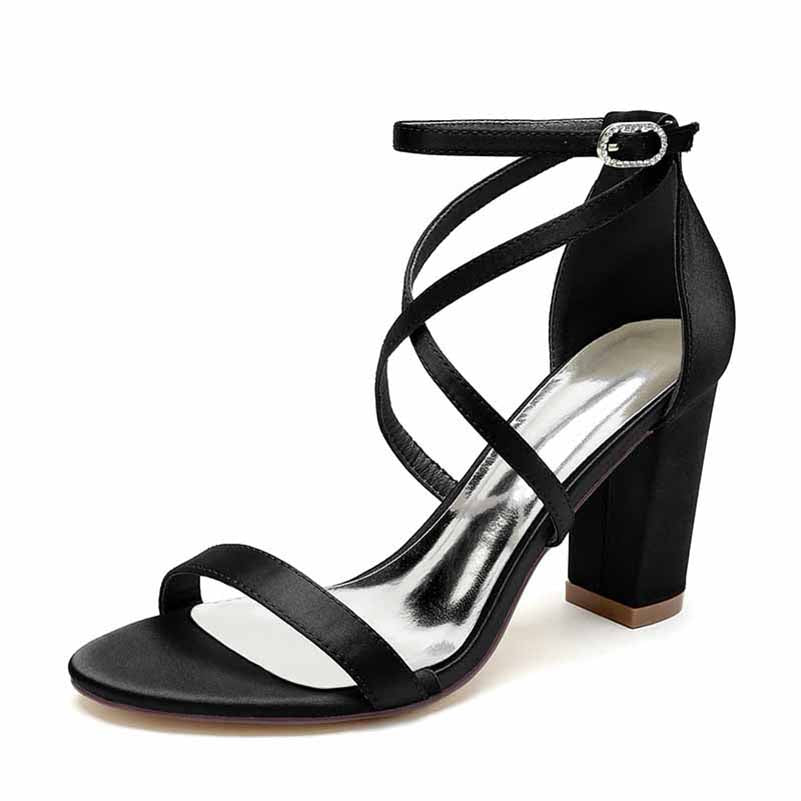 Elegant women's chunky heel ankle strap sandals in black with stylish straps and a comfortable design