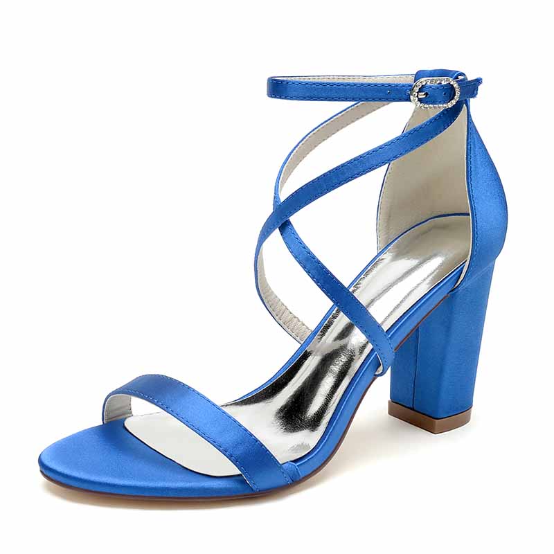 S&DCo. women's chunky heel ankle strap sandals in blue satin with stylish cross straps