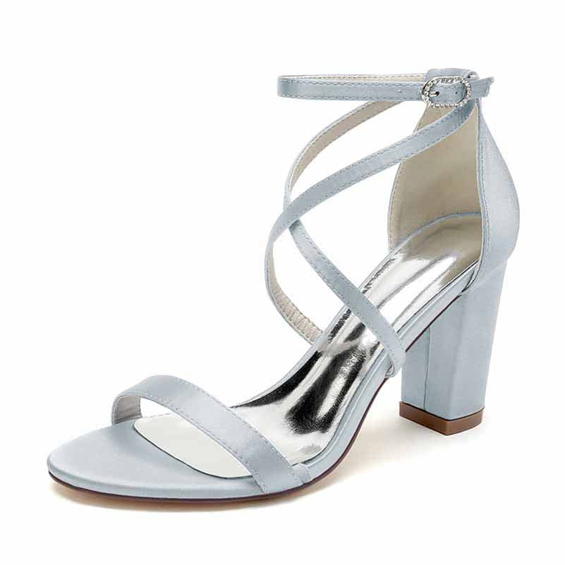 S&DCo. women's chunky heel ankle strap sandals in soft blue with cross strap design
