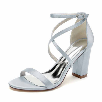 S&DCo. women's chunky heel ankle strap sandals in soft blue with cross strap design