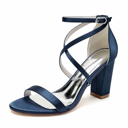 S&DCo. women's chunky heel ankle strap sandals in navy blue with stylish crossed straps