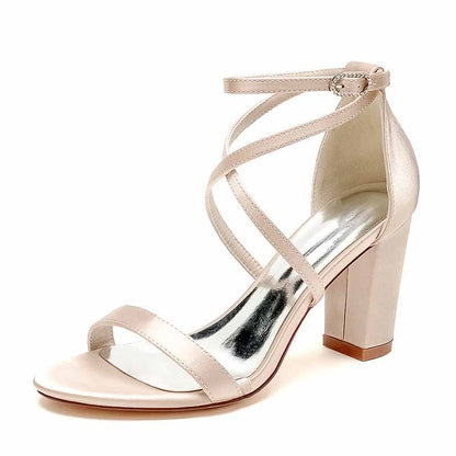 S&DCo. women's chunky heel ankle strap sandals in beige with stylish crisscross straps