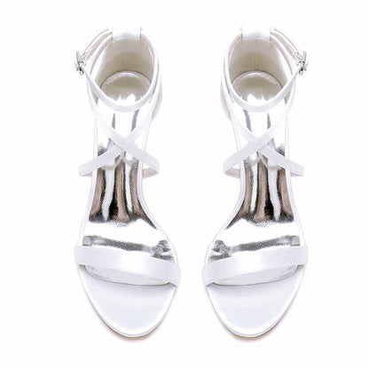S&DCo. women's chunky heel ankle strap sandals in white with stylish cross strap design