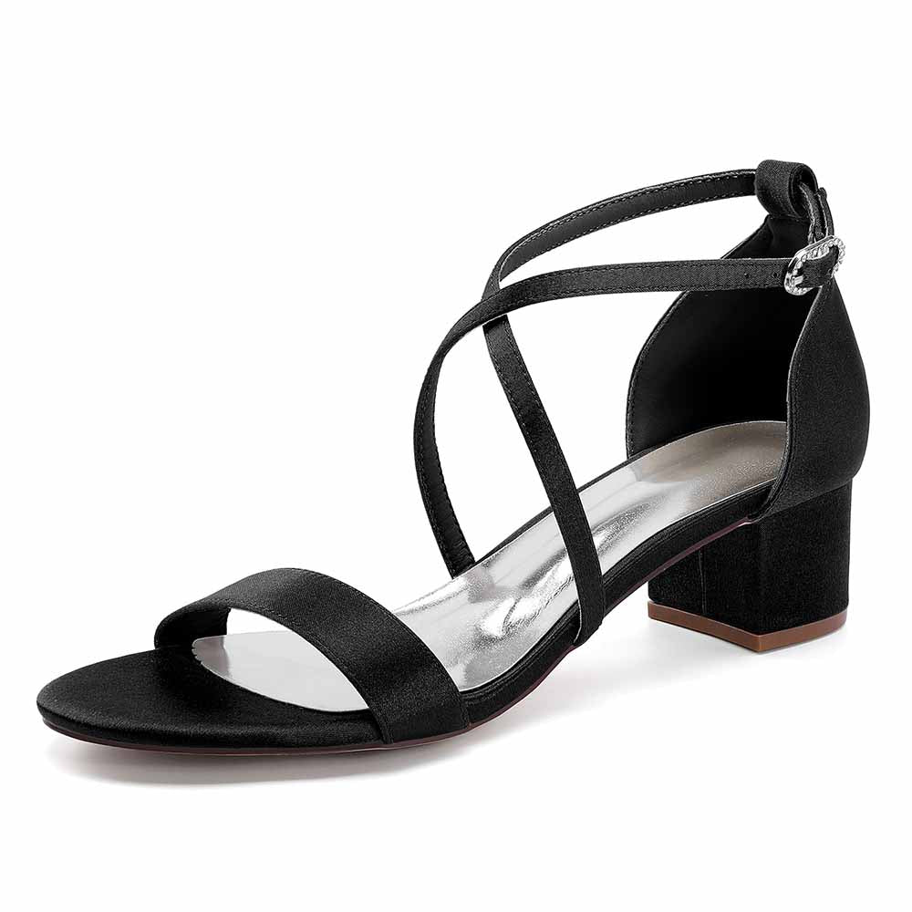 Black women's chunky heel bridesmaid sandals with stylish crisscross straps for elegant occasions