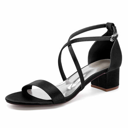 Black women's chunky heel bridesmaid sandals with stylish crisscross straps for elegant occasions