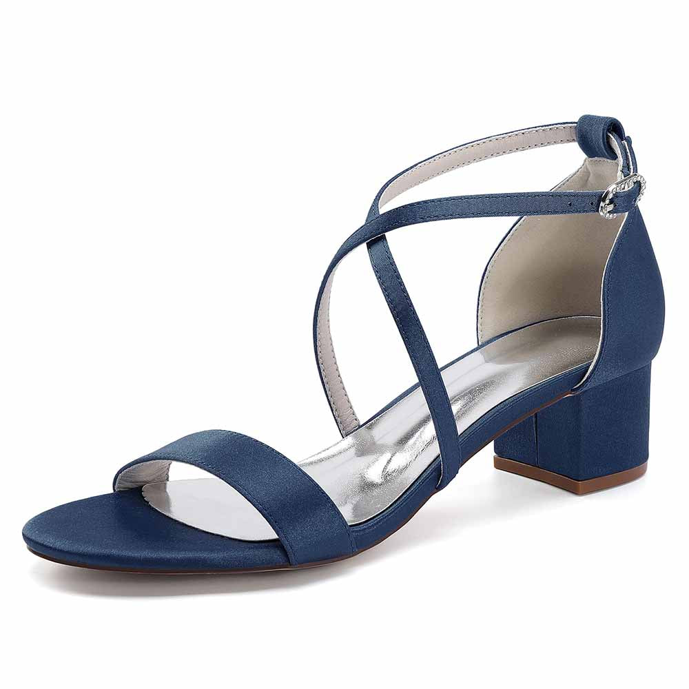 Stylish navy blue women's chunky heel bridesmaid sandals with cross strap design and comfortable block heel