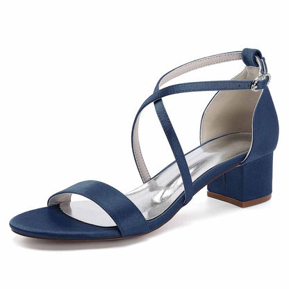 Stylish navy blue women's chunky heel bridesmaid sandals with cross strap design and comfortable block heel