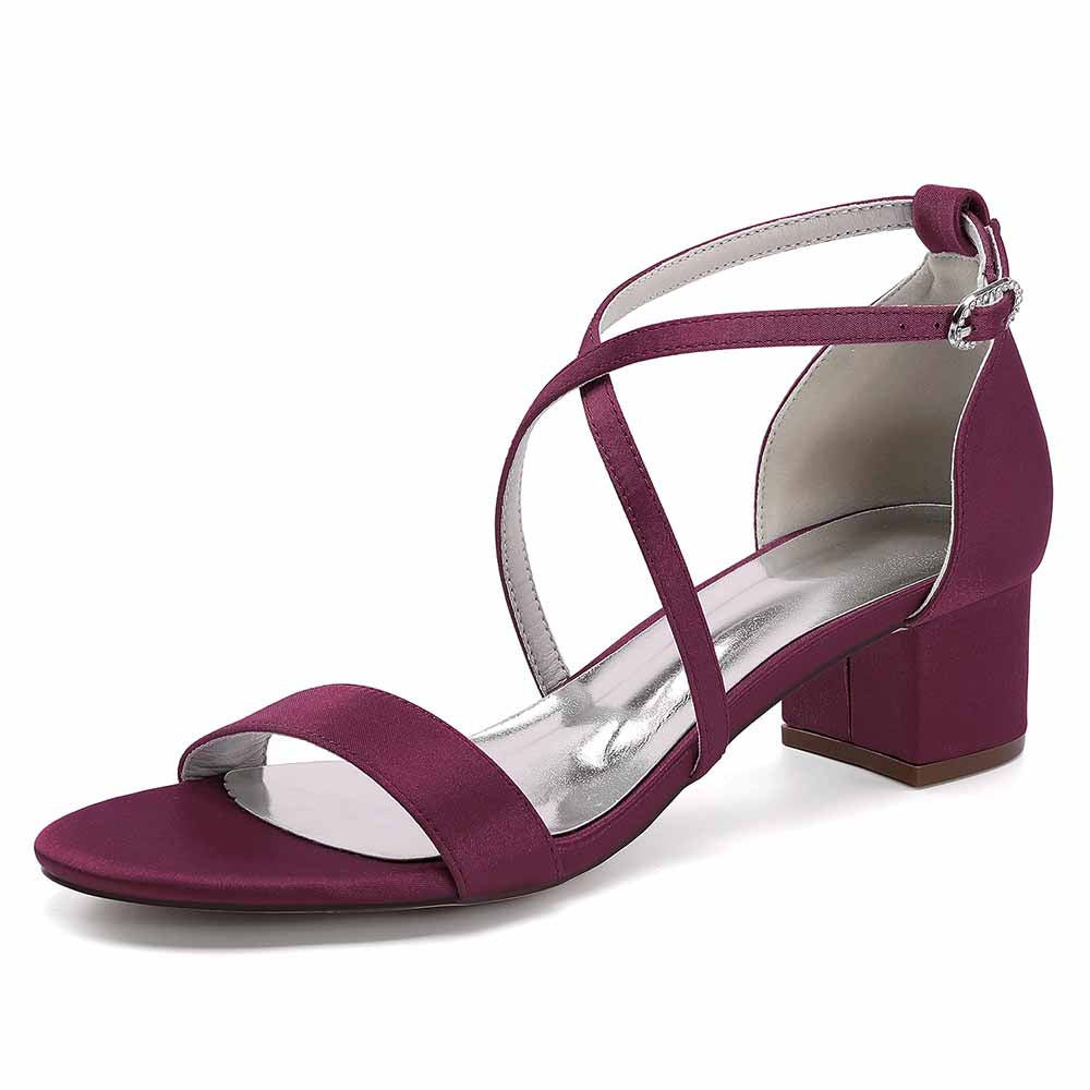Elegant women's chunky heel bridesmaid sandals in burgundy with stylish crossover straps